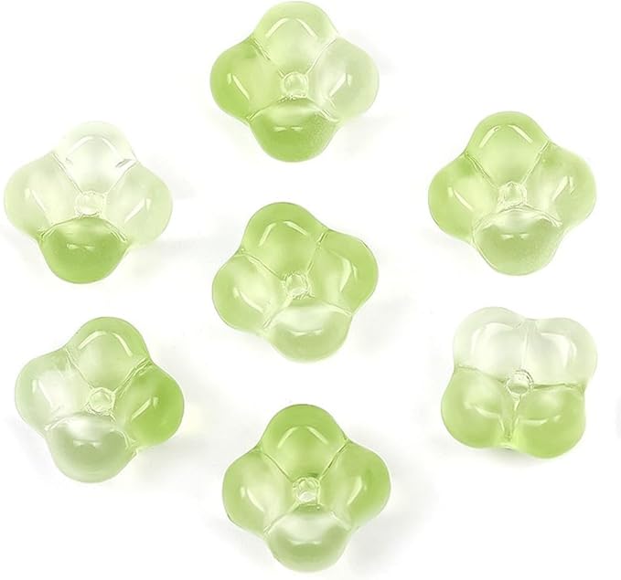 100PCS Glass Flower Beads for Jewelry Making 4 Petal Flower Bead Caps Gradient Cute Floral Beads Aesthetic Charms for Necklace Bracelets Earrings DIY Craft Home Decoration-Green
