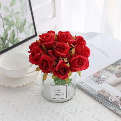 12pcs Artificial Roses Single Stem Fake Silk Flower Arrangement Bridal Bouquet Real Touch for Home Party Wedding Decoration Without Vase (Red)
