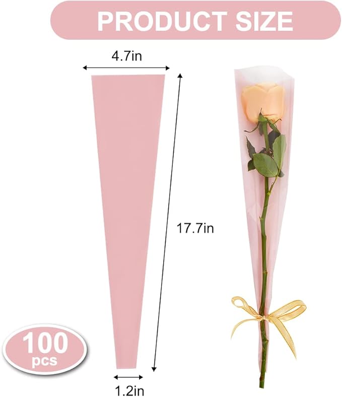 BEISHIDA 100 PCS Single Rose Sleeve Bouquet Bags Plastic Single Flower Wrapping Rose Packaging For Mother's Day Graduation Wedding Birthday Valentine's Day Party (Pink with Matte Back)