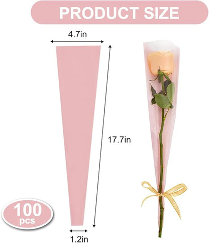 BEISHIDA 100 PCS Single Rose Sleeve Bouquet Bags Plastic Single Flower Wrapping Rose Packaging For Mother's Day Graduation Wedding Birthday Valentine's Day Party (Pink with Matte Back)