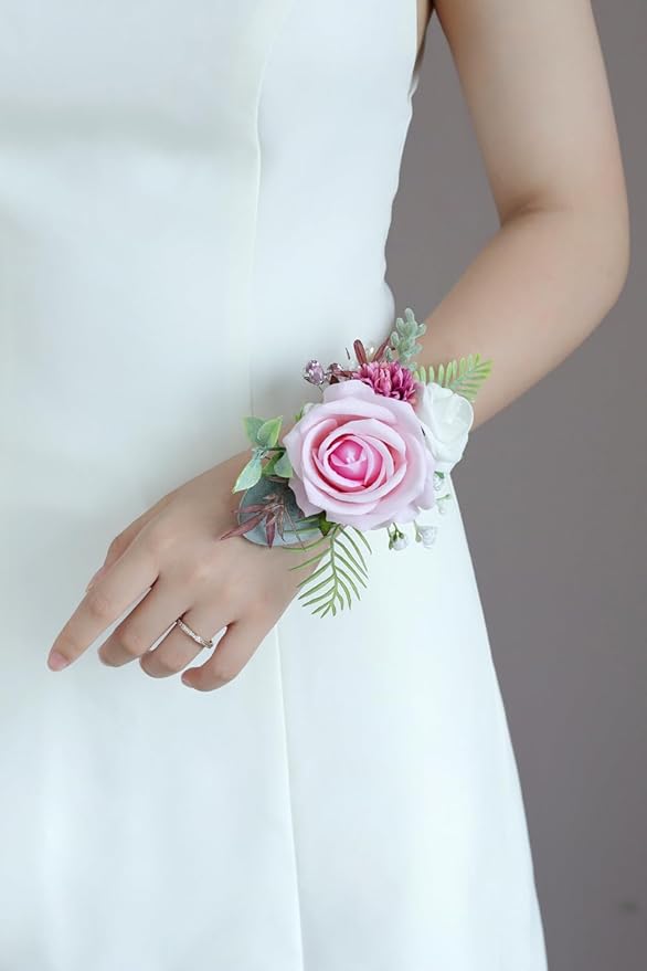 Pink Corsage and Boutonniere Set, Prom Wedding Homecoming Wrist Corsage Wristlet and Boutonniere Set for Grooms Groomsmen Guest Bridal Bridesmaid Artificial Flower Suit Decoration