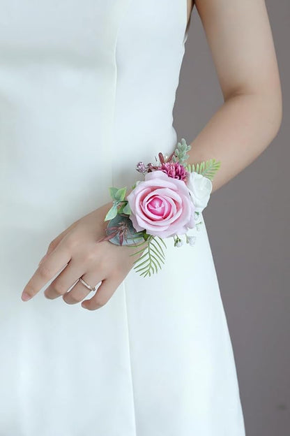 Pink Corsage and Boutonniere Set, Prom Wedding Homecoming Wrist Corsage Wristlet and Boutonniere Set for Grooms Groomsmen Guest Bridal Bridesmaid Artificial Flower Suit Decoration
