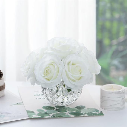7 Large Stem Rose Artificial Flowers in Vase, Silk Flowers Arrangement in Round Glass Vase Without Water for Home Decor, Wedding Table (Cream)