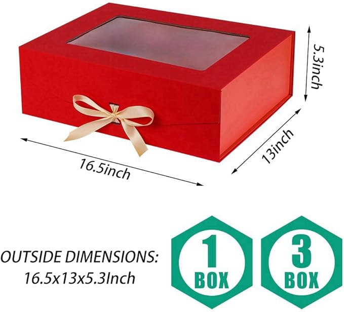Red Extra Large Gift Box for Presents with Ribbon 16.5x13x5.3 Inches Clear Gift Box with Window Magnetic Closure Gift Boxes with Lids