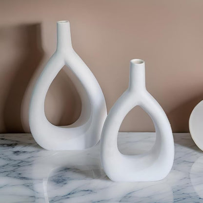 Ajuny Oval Vase Set of 2 – White Ceramic Decorative Vases, Farmhouse Style Modern Accent for Wall Decor, Bedroom, Living Room, Coffee Table, Office