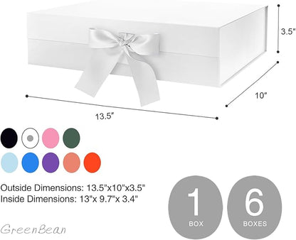 GREEN BEAN 6 Large Gift Boxes with Lids for Present 13x9.7x3.4 Inches, White Magnetic Gift Box with Ribbon, Bridesmaid Proposal Boxes, Luxury Gift Boxes (Glossy White)