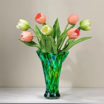 Green Blown Glass Vase for Flowers, 9.6" Teal Vase for Home Decor, Modern Art Flower Vases Decorative Table Centerpiece, Wedding, Living Room, Bookshelf, Entryway, Gift for Women Mom