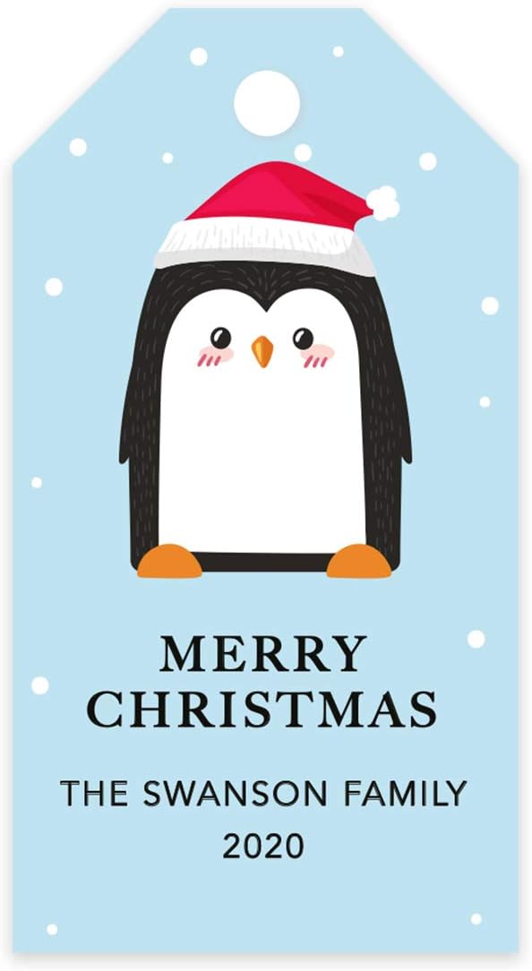 Andaz Press Personalized Christmas Holiday Season Classic Gift Tags, Merry Christmas Custom Family Name and Year, Penguin with Santa Hat Design, for Holiday Events, Parties, and Favors, 60-Pack