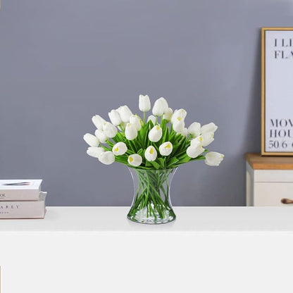 ENOVA FLORAL 40 Heads White Artificial Tulips With Vase, Real Touch Fake Flowers, Floral Arrangement for Dining Table, Home Decoration, Wedding Centerpieces