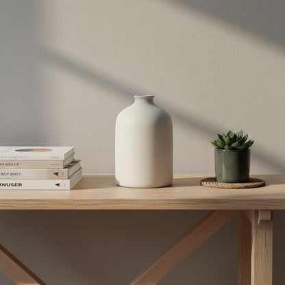 White Ceramic Vase - 7 Inch Tall - Large, Minimalist Modern Home Decor, Decorative Object - Centerpiece, Coffee Table, Living Room, Bookshelf, Office, Entryway, Console, Wedding, Flowers, Olive Plant