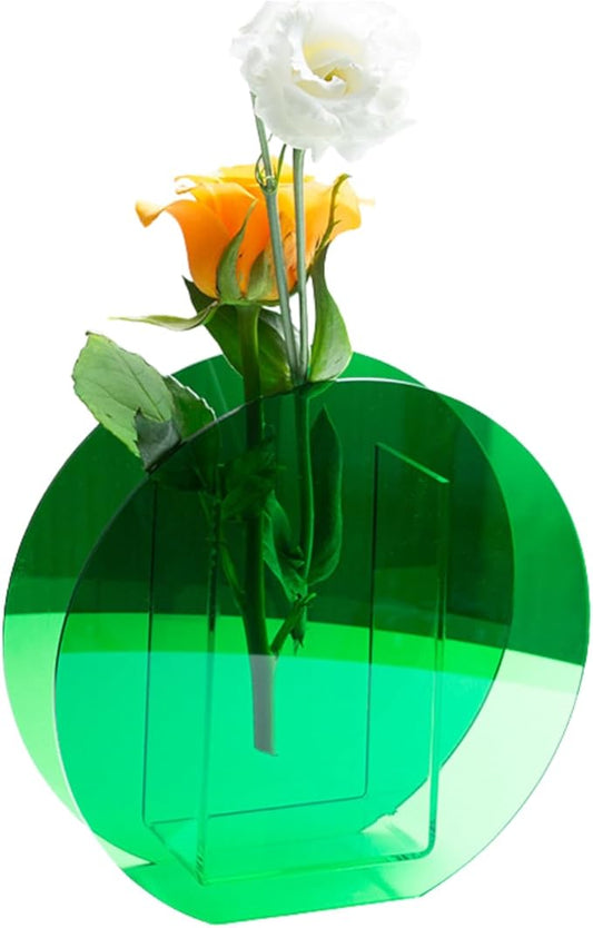 Acrylic Round Vase in Pine Green, Colorful Modern Centerpiece for Home Decor, Wedding or Gallery Display (Round Style)