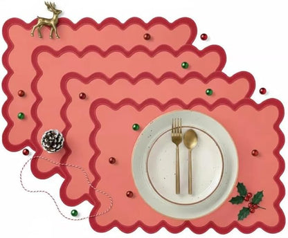 Folkulture Christmas Placemats Set of 4, 13 x 19 Inches 100% Cotton Boho Place Mats or Heat Resistant Table Mats for Dining Table Decor, Scalloped Kitchen Mats or Farmhouse Table Place Mats (Red)