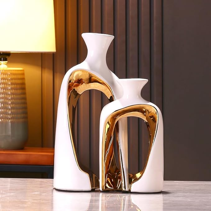 2 Pieces White Gold Ceramic vase Set Home Ceramic Decorative vase furnishings Abstract Decorative vase Office Centerpiece Decoration Suitable for Bookshelves, Fireplace