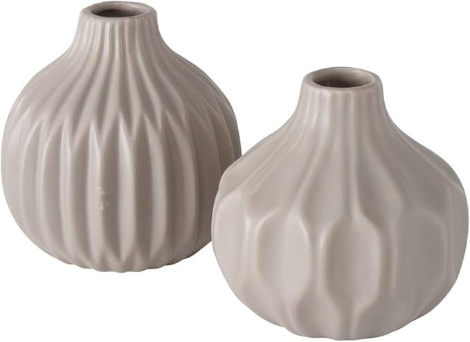 2 Piece Iconic Scandi Vase Set, Neutral Beige, Geometric, Stoneware, 4.25 Inches, Bud Flower Opening, Gourd Shape, Single Stem Vessel