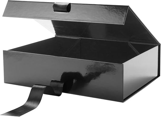 GREEN BEAN Large Gift Box with Lid for Present 13x9.7x3.4 Inches, Fathers Day Black Magnetic Luxury Gift Box with Ribbon, Groomsmen Proposal Box (Glossy Black)