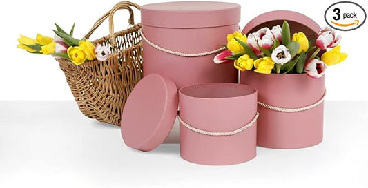 UNIKPACKAGING Premium Quality Round Flower Box, Gift Boxes for Luxury Flower and Gift Arrangements, Set of 3 pcs, (Dusty Rose)