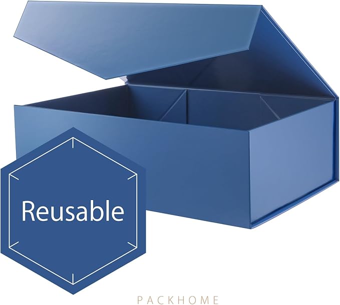 PACKHOME Large Gift Box with Lid 13.5x9x4.1 Inches, Sturdy Collapsible Gift Box with Magnetic Closure (Glossy Navy)