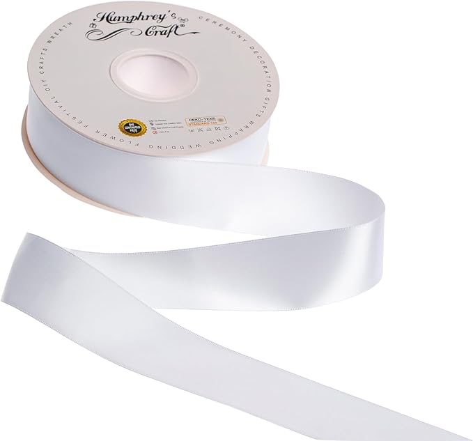 Humphrey's Craft 1-1/2 Inch Double Faced Satin Ribbon - Continuous 50 Yards, White Thick Satin Ribbon for Crafts, Gift Wrapping, Decoration Christmas Tree, Bridal Bouquet,Wedding,DIY Bows,Sewing Hat.
