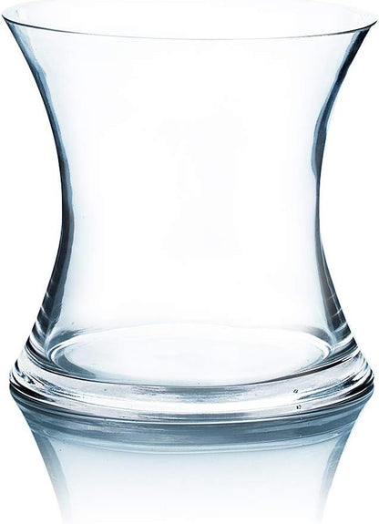 WGV Unique Bouquet Vase Bulk, 7" W, 7" H, Clear Short Hurricane Concaved Neiman Glass Floral Container, Home Wedding Event Decor, 8 Pieces (VHV0707)