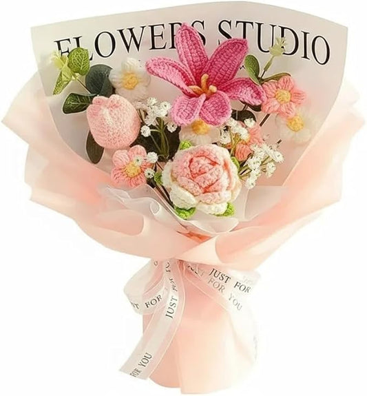 Crochet Flower Bouquet Pink Knitted Flowers, Crochet Tulip Galsang Flower for Lover Anniversary Birthday Party Mother's Day Graduation Gifts