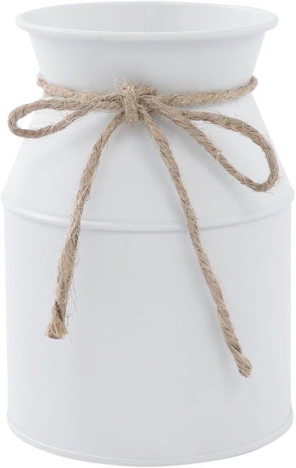 Flower Vase Decor, Farmhouse Metal Galvanized Milk Can Jug Vase with Bow, Flower Buckets for Artificial Flowers for Table Centerpiece Weddings(White)