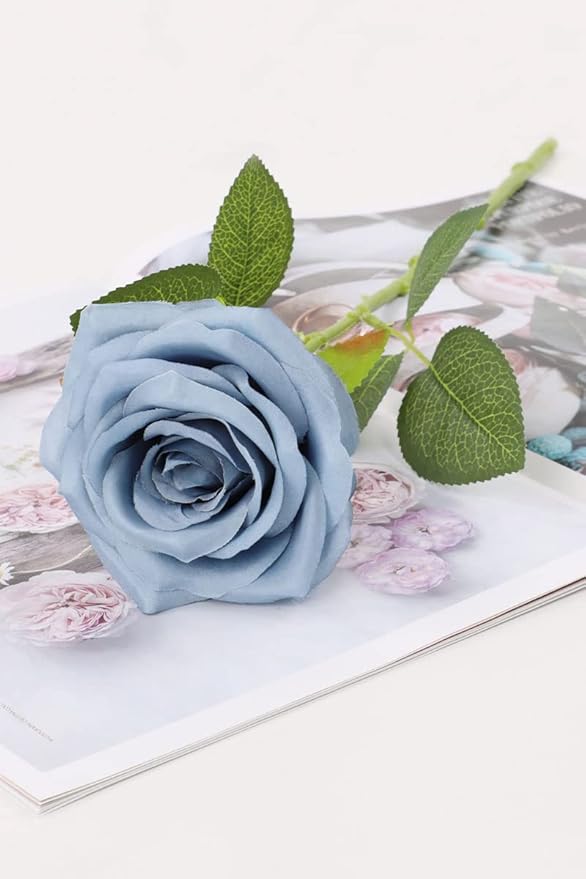 Artificial Rose Flower Dusty Blue Flowers Dusty Blue Roses Silk Flowers 12 pcs with Long Stem Silk Roses Bouquet for Wedding Bridal Shower Party Home Decoration