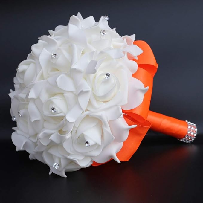 Wedding Bouquet, Orange Bouquet for Bride Bridesmaid with Diamond Soft Ribbons, Artificial Rose Bridal Holding Flowers for Party Church