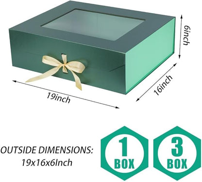 3 Pcs Extra Large Green Gift Box for Presents with Ribbon 19x16x6 Inches Clear Gift Box with Window Magnetic Closure Gift Boxes with Lids