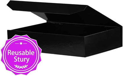 1 Pack Black Gift Box with Lids Small 12 x 8 x 2.7 Inches Clothes Gift Boxes for Presents Shirt Gift Boxes with Ribbon Magnetic Gift Box Bulk Cute Box for Packaging (Glossy Surface)