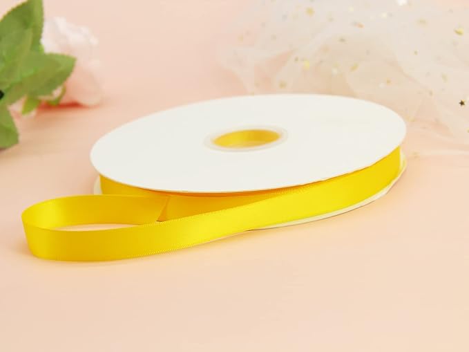 Yellow Double Faced Satin Ribbon 5/8 Inch (15mm) - 100 Yards Continuous Fabric Silk Bow for Flower Boutique, Gift Wrapping, Christmas, DIY Crafts, Hair Headband, Sewing, Wedding Decoration