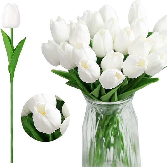 IPOPU 24PCS White Tulips Artificial Flowers Real Touch White Fake Tulips White Flowers Artificial for Decorations Centerpieces for Table Home Decor Indoor Flower Arrangements Artificial