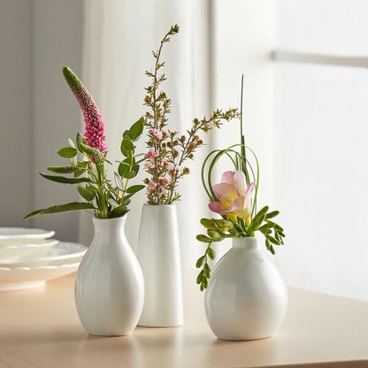 Porcelain Bud Vase, Bright White, 3 3/4 Inch, Round Jug Design, Single Flower Opening, Dishwasher Safe,