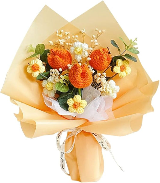Crochet Flower Tulip Bouquet: Handmade Artificial Flower Knitted Sunflower Bouquet for Festival Wedding Graduation Anniversary (Orange)