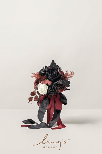 Ling's moment Artificial Flowers Gothic Bridesmaid Bouquet Set of 4, Burgundy and Black Wedding Flowers Bouquets for Bridesmaids 7 Inch Bridal Bouquets for Bridesmaids, Wedding, Ceremony, Anniversary