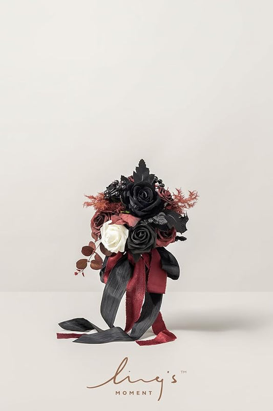 Ling's moment Artificial Flowers Gothic Bridesmaid Bouquet Set of 4, Burgundy and Black Wedding Flowers Bouquets for Bridesmaids 7 Inch Bridal Bouquets for Bridesmaids, Wedding, Ceremony, Anniversary