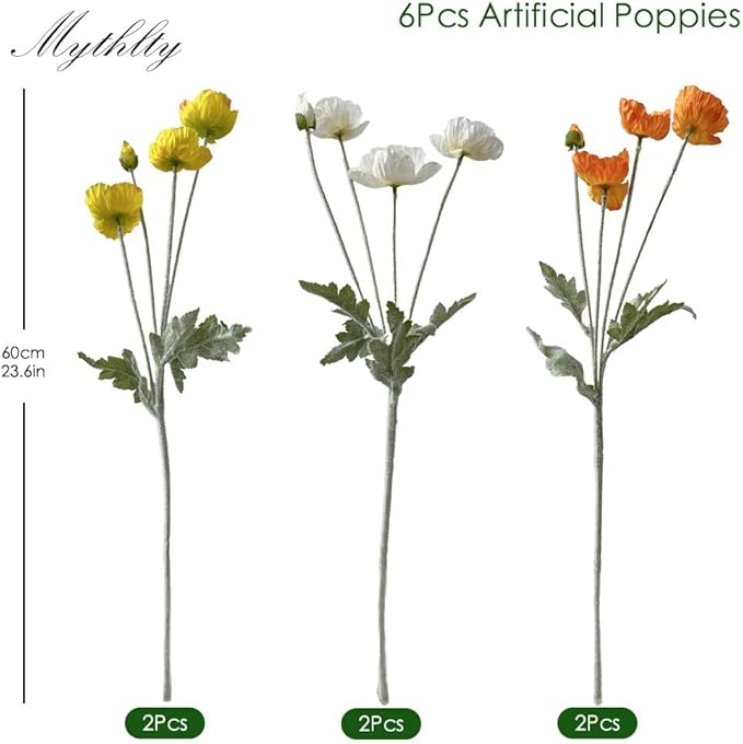 Set of 6 Multicolour Artificial Poppy Flowers, Silk Flowers with Stems for Vase Arrange for Wedding Party Home Office Indoor Kitchen Dining Table Centerpiece Decoration (White Yellow Orange)