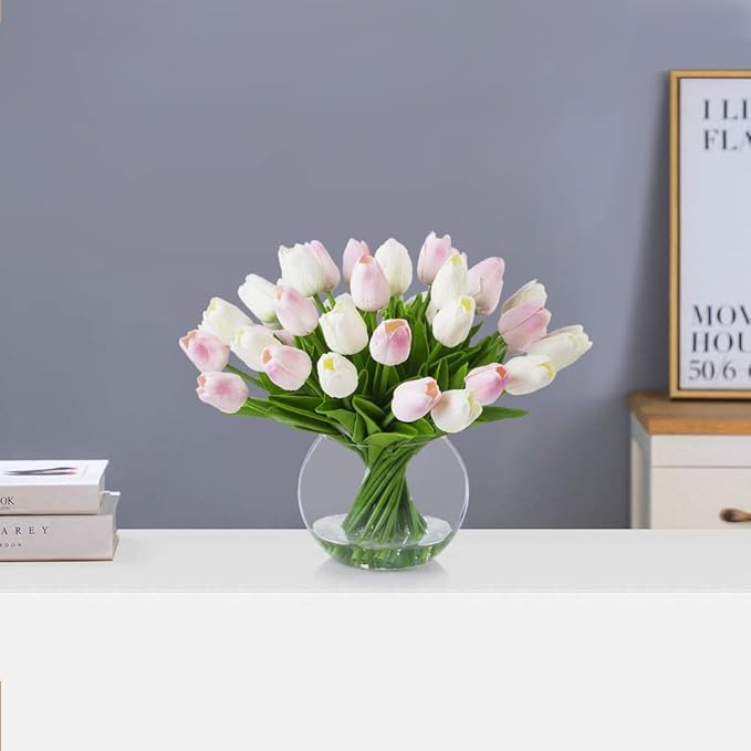 ENOVA FLORAL 30 Pieces Artificial Real Touch Tulips Flowers with Vase, Fake White Pink Tulips Flowers with Vase for Dining Table, Home Decoration, Wedding Centerpieces