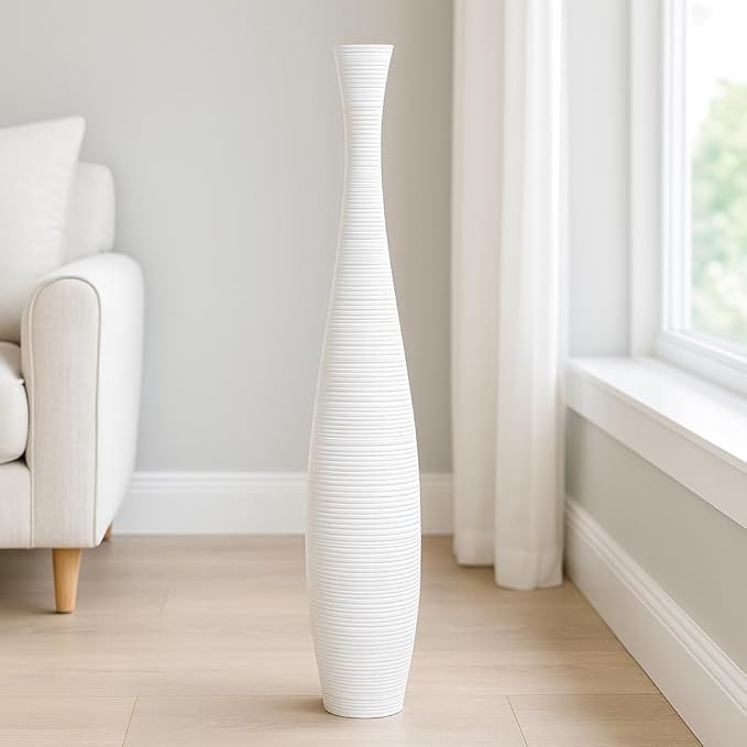 Leewadee Large White Home Decor Floor Vase - Wooden 26 inch Tall Farmhouse Decor Flower Holder for Fake Plant and Pampas Grass