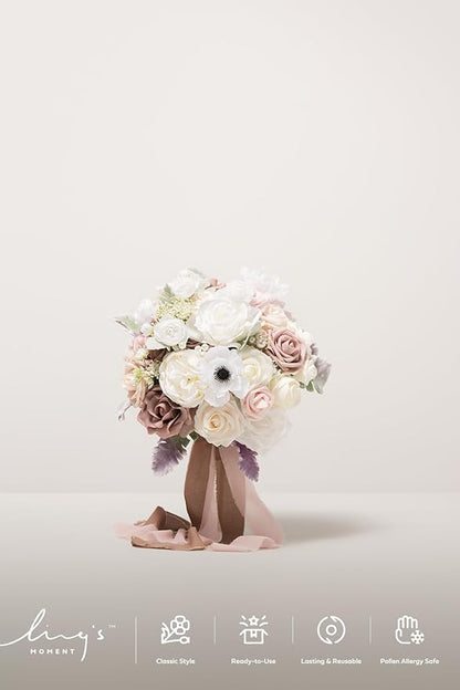 Ling's moment Dusty Rose Bridal Bouquet for Bride, Blush Pink Wedding Bouquets for Bride, 13 Inch Silk Round Artificial Wedding Flowers Bouquets