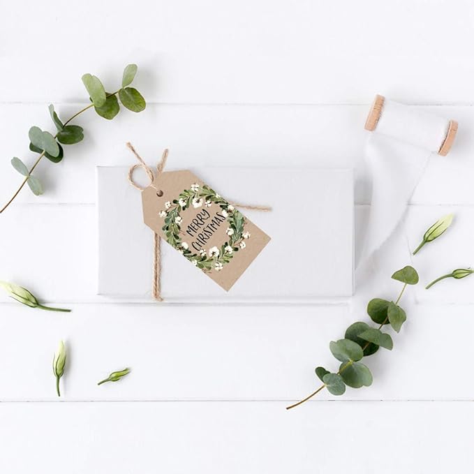 Andaz Press Christmas Holiday Season Classic Gift Tags, Merry Christmas to from Classic Favor Tags, Kraft Brown with Floral Christmas Wreath Design, for Holiday Events, Parties, and Favors, 60-Pack