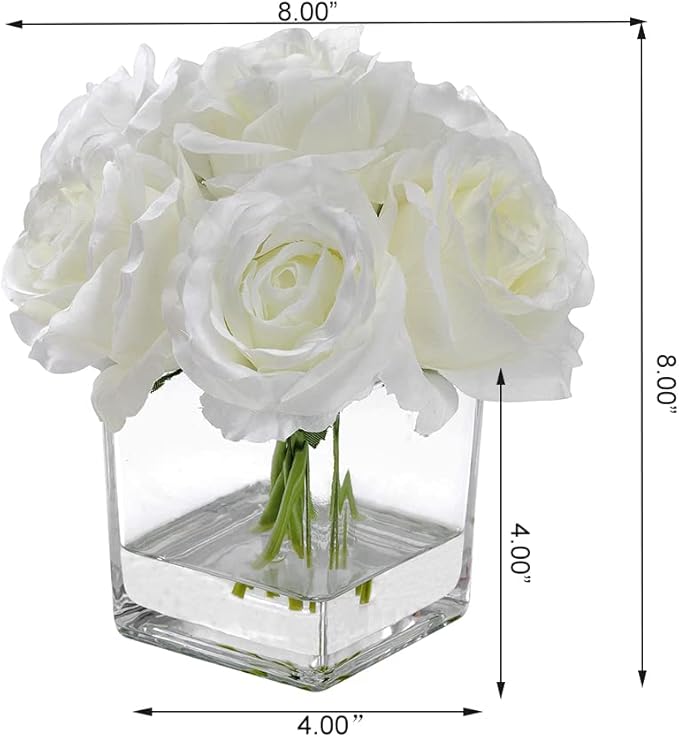 7 Large Stem Rose Artificial Flowers in Vase, Silk Floral Arrangement in Vase with Fake Water for Home Decor, Wedding Table (Cream)