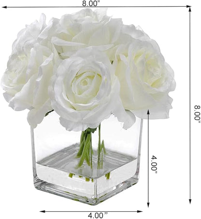 7 Large Stem Rose Artificial Flowers in Vase, Silk Floral Arrangement in Vase with Fake Water for Home Decor, Wedding Table (Cream)