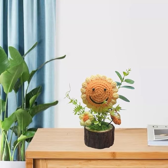 Handmade Crochet Sunflowers Flowers Bouquet Creative Knitted Potted Plant Cute Home Desktop Decorations and Gifts for Friends, Lovers, Classmates
