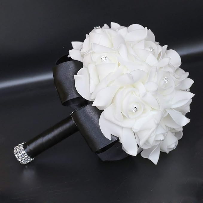Wedding Bouquet, Black Bouquet for Bride Bridesmaid with Diamond Soft Ribbons, Artificial Rose Bridal Holding Flowers for Party Church
