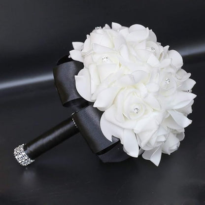 Wedding Bouquet, Black Bouquet for Bride Bridesmaid with Diamond Soft Ribbons, Artificial Rose Bridal Holding Flowers for Party Church