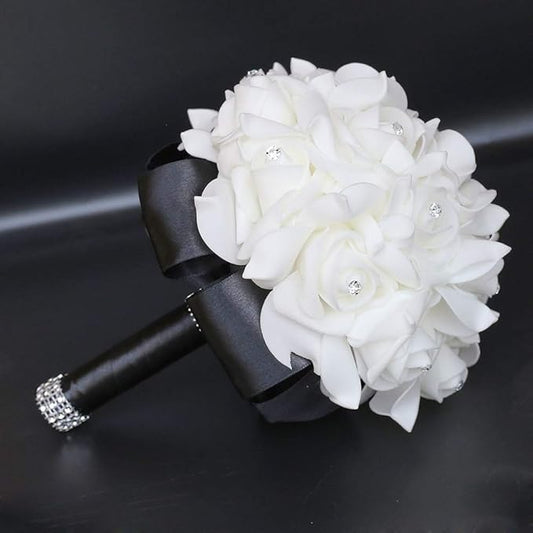 Wedding Bouquet, Black Bouquet for Bride Bridesmaid with Diamond Soft Ribbons, Artificial Rose Bridal Holding Flowers for Party Church