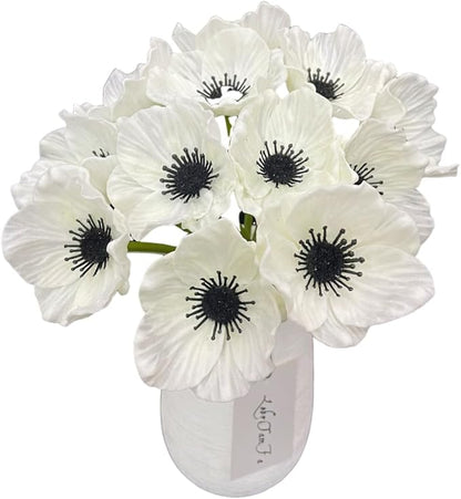14Pcs Real Touch Anemone Poppy Bouquet for Artificial Flower Decor Kitchen Table Centerpiece Vase Home Greenery Wedding Holding Flowers Backdrop Arch Wall (White)