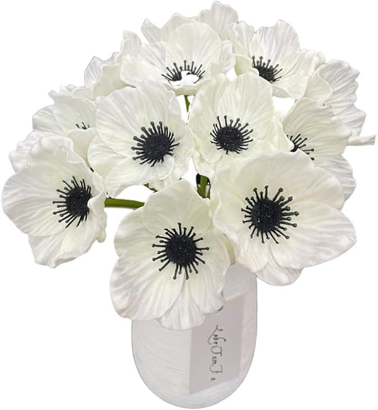 14Pcs Real Touch Anemone Poppy Bouquet for Artificial Flower Decor Kitchen Table Centerpiece Vase Home Greenery Wedding Holding Flowers Backdrop Arch Wall (White)