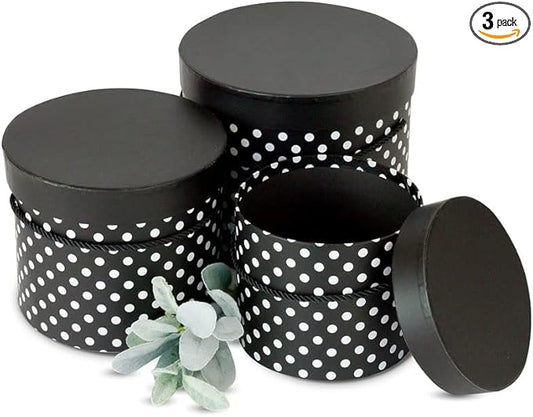 UNIKPACKAGING Premium Quality Round Flower Box, Gift Boxes for Luxury Flower and Gift Arrangements, Set of 3 pcs, with Lids, Size (S/M/L), Black White Dots