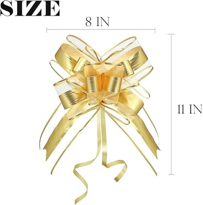 Gold Bows for Gifts, Large Pull Bow for Gift Wrapping, Christmas, New Year, Birthday, Weddings, Baby Showers, Graduations, Valentine's Day(8 inches, 10 PCS)